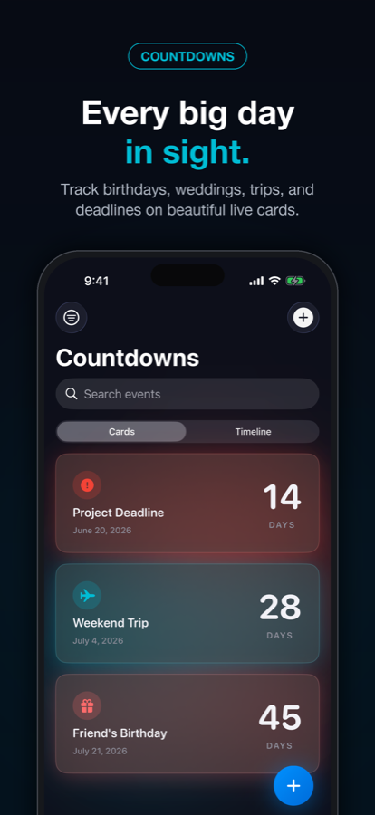 Countdowns app showing a list of upcoming events with days remaining.