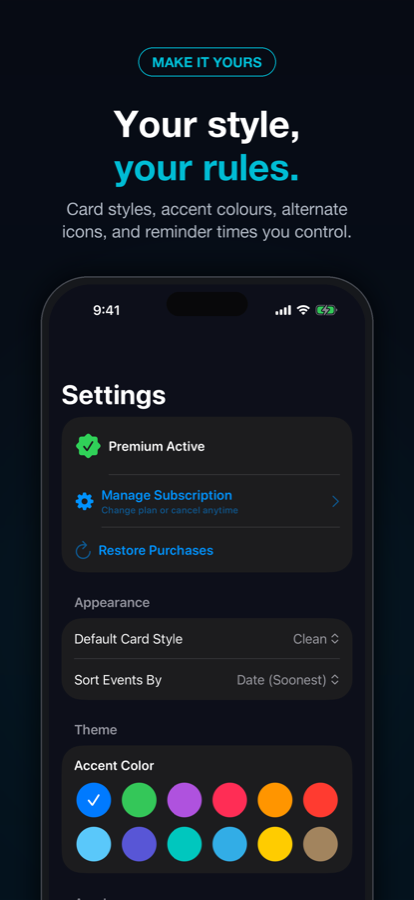 Countdowns customization screen showing card style choices.